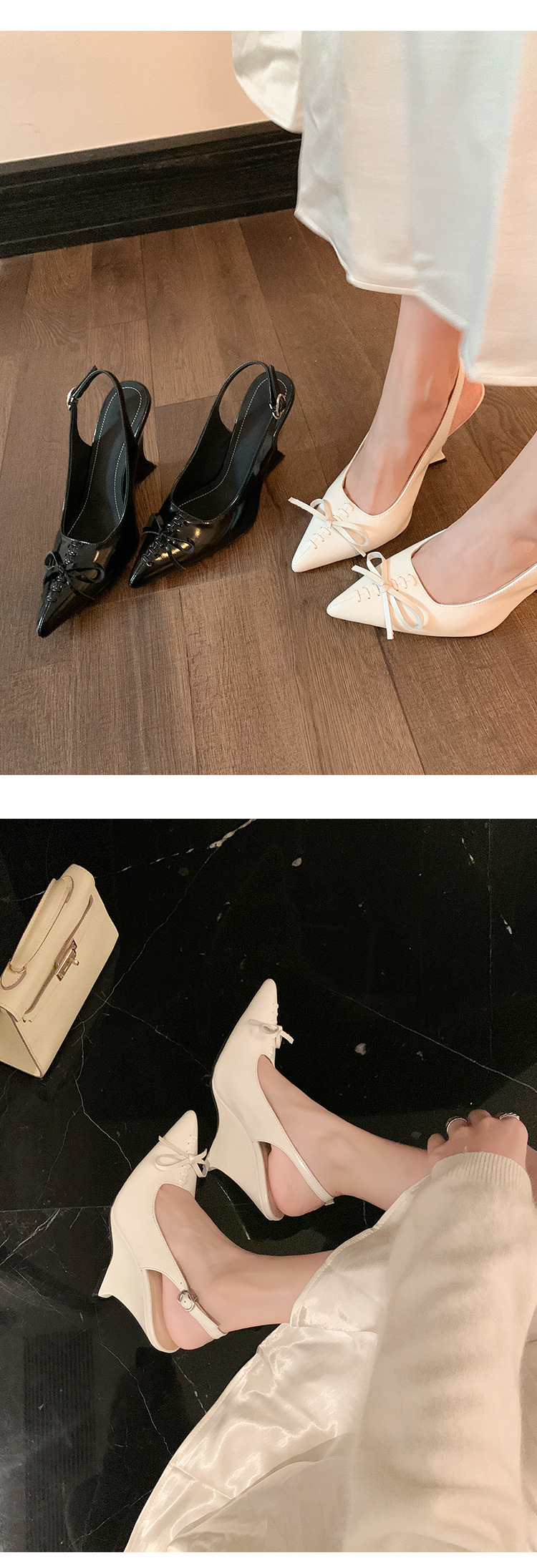 Sandal cao gót nữ mũi nhọn hở gót, gót xuồng 9 cm, nơ bướm — màu đen, màu trắng ngà chi tiết 11