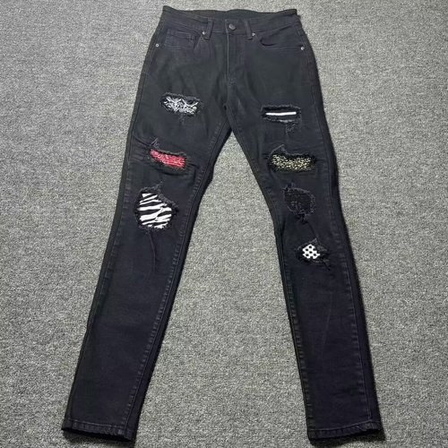 Multi-Element Spliced Hole Patched Stretchy Slim-Fit American-style High-Street Denim Pants for Men and Women