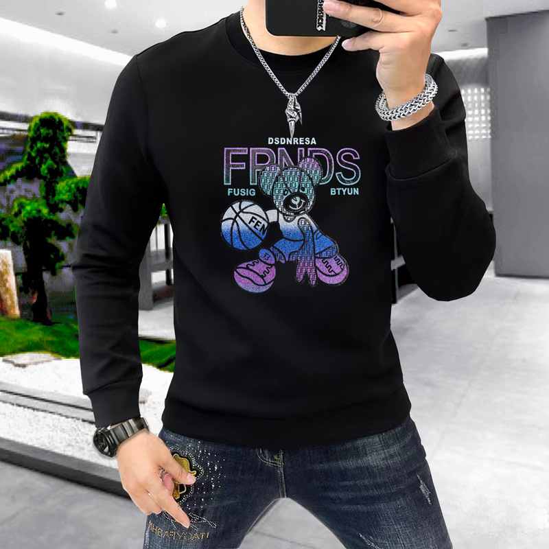 New European Men's Sweatshirt Long-sleeved Round Neck Light Luxury Handsome Autumn and Winter Teddy Bear Urban All-match Multiple Craft