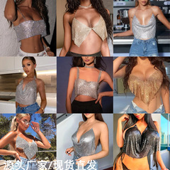 Cross-border Amazon European and American Women's Full Diamond Top Fashion Sexy Metal Hot Girl Top Water Diamond Top Straps