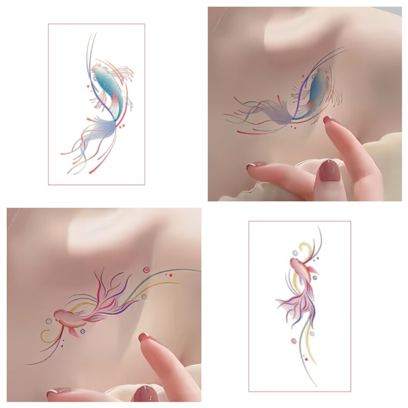 Pink Koi Tattoo Stickers for Women High-End Ins Waterproof Long-Lasting Blue Fish Koi Wrist Clavicle Tattoo Stickers