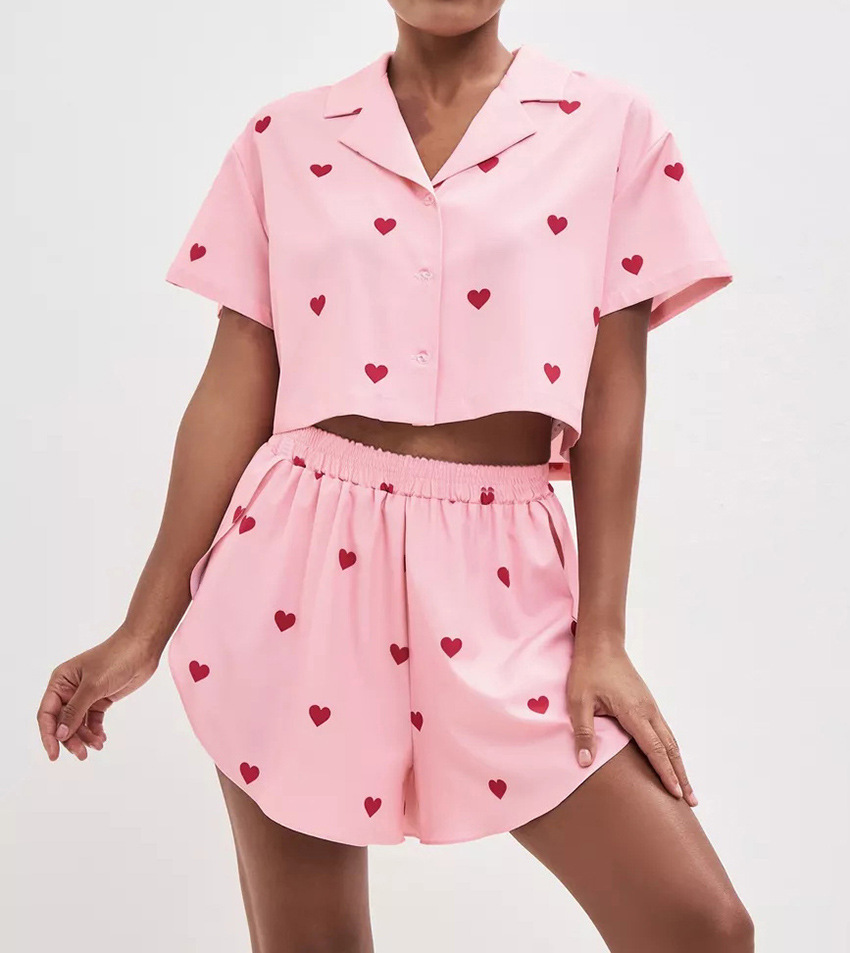 210g Weight Short Sleeve Sleeve Length Pajamas Lingerie Type Polyester, Satin Fabric Type Short Top Length Shorts Sets Sets Type 2 Pieces Set Quantity Home, Daily Occasion Turndown Neckline Breathable Function Regular Fit Fit Type Heart Shape Pattern Winter, Summer, Spring Season Women's Gender Sweet Style Home Daily Women's Sweet Heart Shape Polyester Satin Shorts Sets Pajama Sets 15