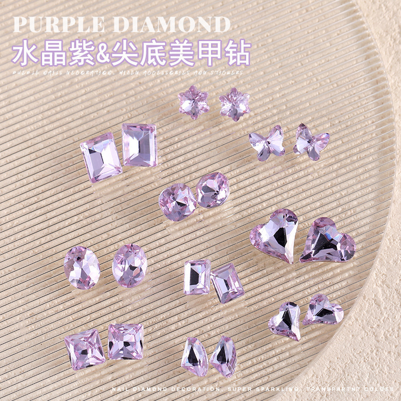 K9 Crystal Purple Nail Diamond Jewelry light purple Special-shaped Pointed Bottom Diamond Super Flash Fat Square Crooked Heart Love Nail Drill Wholesale K9 Crystal Purple Nail Diamond Jewelry light purple Special-shaped Pointed Bottom Diamond Super Flash Fat Square Crooked Heart Love Nail Drill Wholesale
