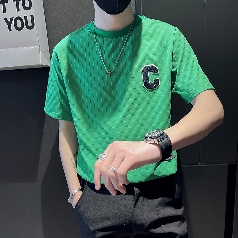 Maglietta estiva da uomo con base, vestibilità corta slim, mezza manica in maglia a quadretti, lettera Instagram del marchio di tendenza, maglietta girocollo_voghion.com