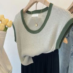 女性用の夏のショートコントラストカラーベスト、リネンアイスシルクピットニットセーター、ニッチなアウターノースリーブトップ