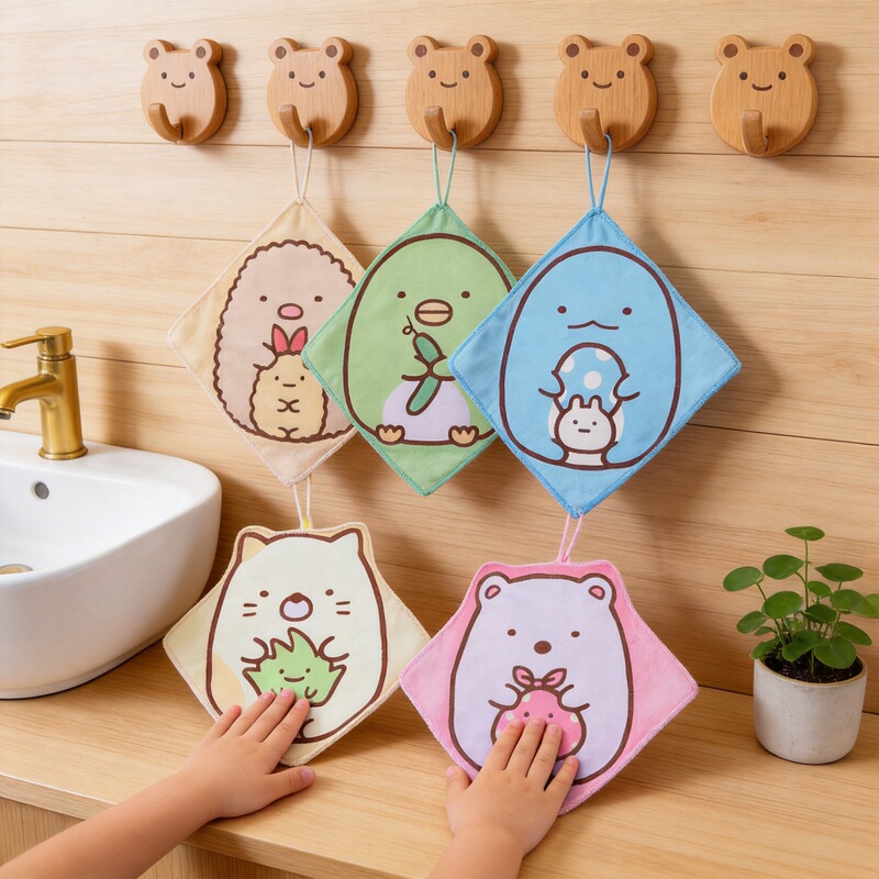 Microfiber Digital Printed Square Towel Cartoon Pattern Corner Creature Absorbent Thickeneded Encrypted Hand Towel with Hook