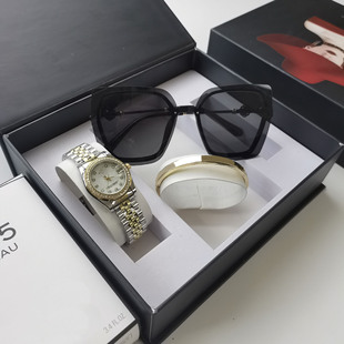Cross-border hot style fashion watch sunglasses set log with diamond women's steel strap quartz watch trendy sunglasses