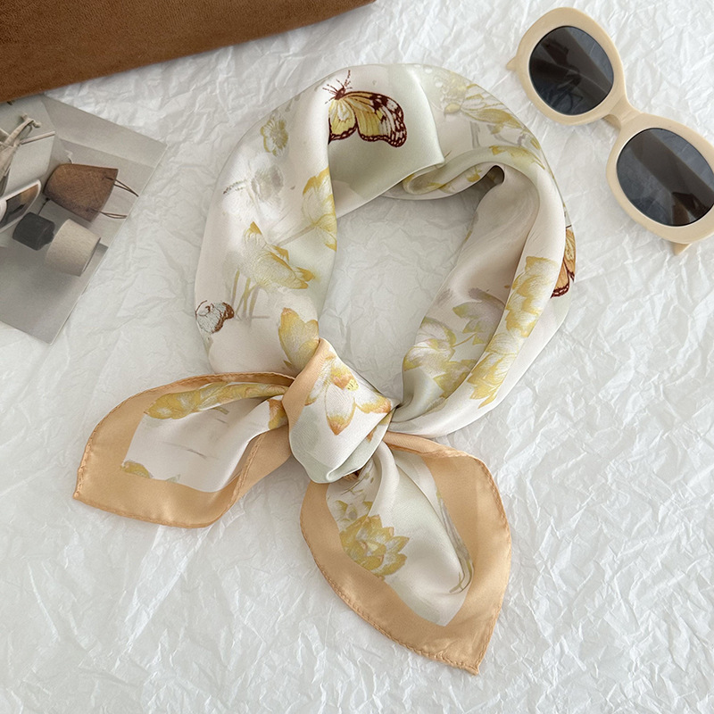 Bufanda de seda, bufanda cuadrada pequeña, nueva atmósfera coreana, pañuelo floral, cinturón para el cabello, bufanda decorativa, chal pequeño exterior