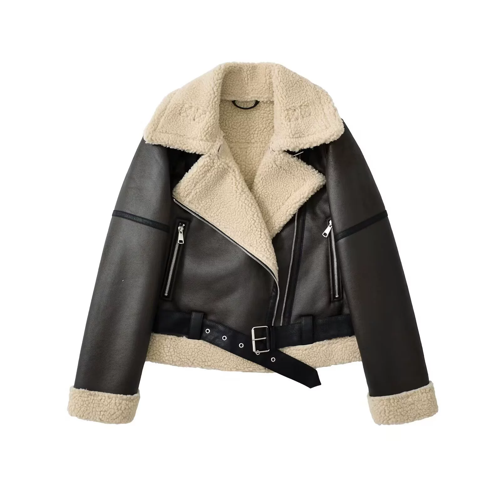 Women's Suede Motorcycle Jacket, Thickened Shearling Lining, Large Lapel, XS–XL