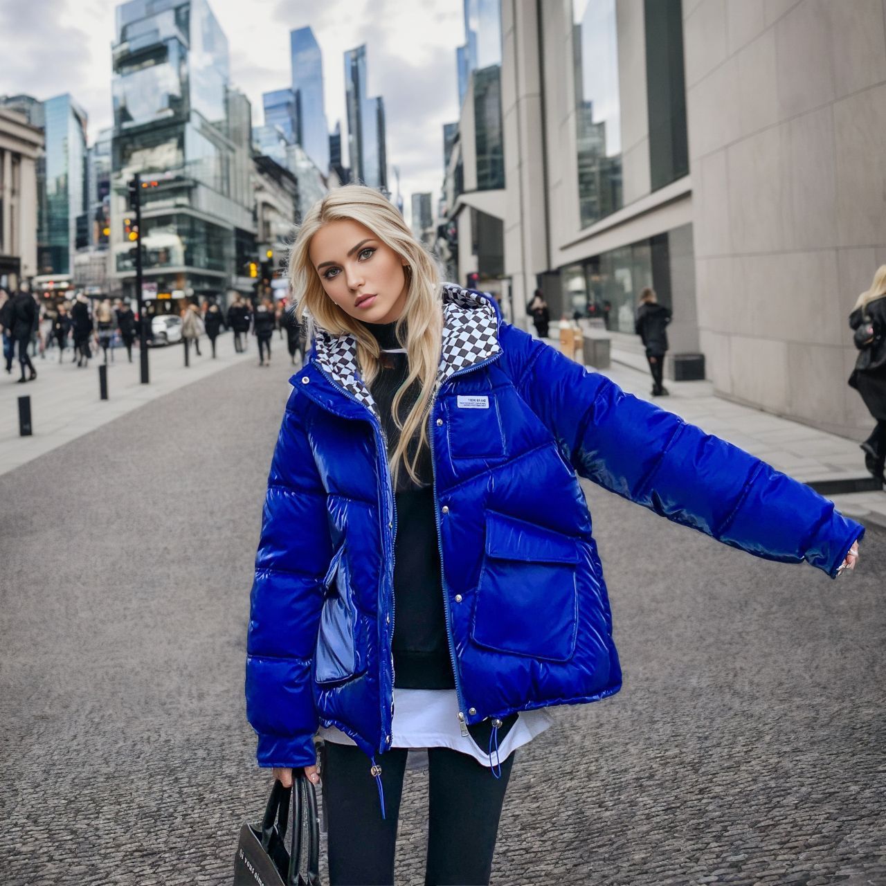 Women's Puffer Jacket Hooded Checkerboard Pattern Winter Coat_voghion.com
