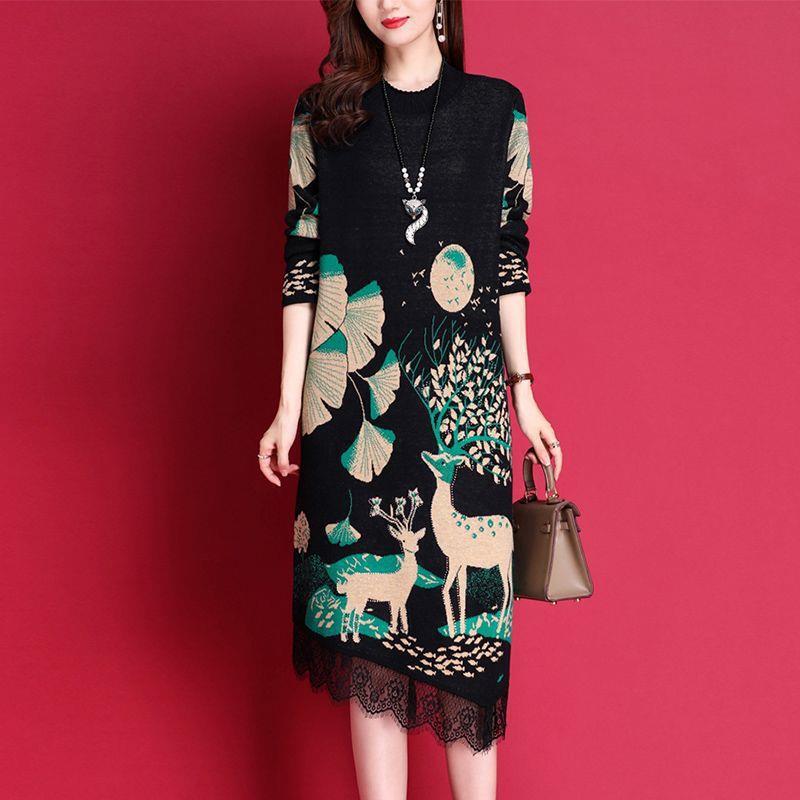 Plus Size Women's Mother's Wear Lace Patchwork Dress 2023 Winter New Fashion Round Neck Long-sleeved Knitted Skirt