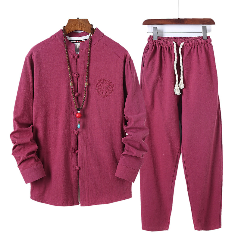 Chinese Style Men's Autumn Linen suit Men's Chinese Tang Suit Hanfu Two-Piece Vintage Buckle Cotton Linen Tea Zen Suit Chinese Style Men's Autumn Linen suit Men's Chinese Tang Suit Hanfu Two-Piece Vintage Buckle Cotton Linen Tea Zen Suit