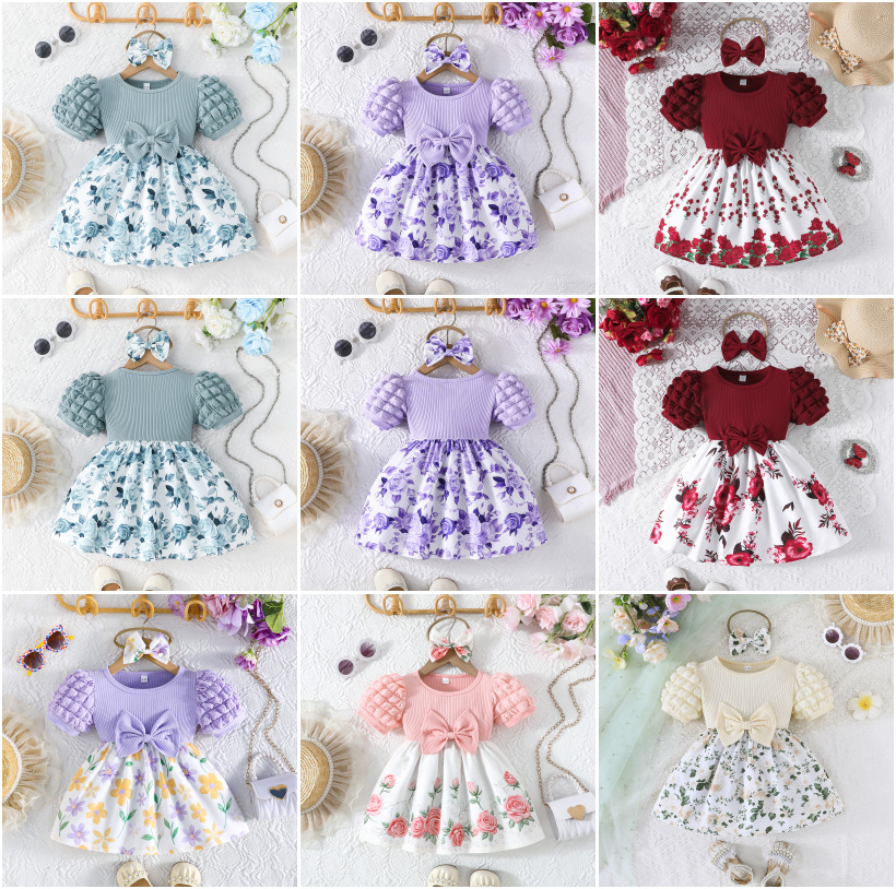 Girls' Summer Short-Sleeved Dress with Puff Sleeves, Ribbed Patchwork Floral Skirt, Bow-Knot Princess Dress, Ready for Delivery with Hair Accessories