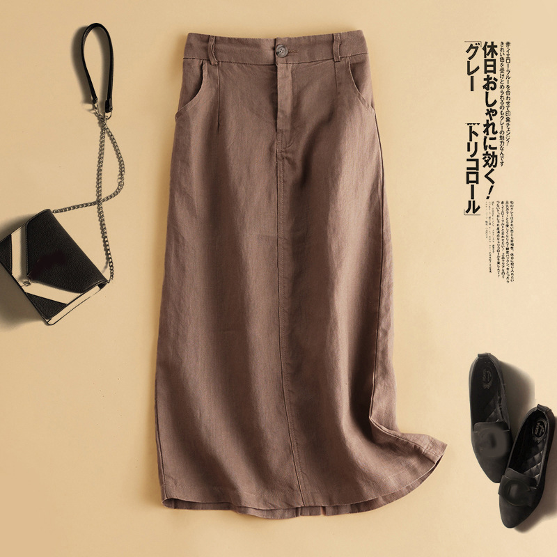 Versatile Simple Solid Color Cotton-Linen Skirt, Mori-Style Artistic Retro Mid-Length Cotton-Linen A-Line Skirt, Loose Casual Skirt