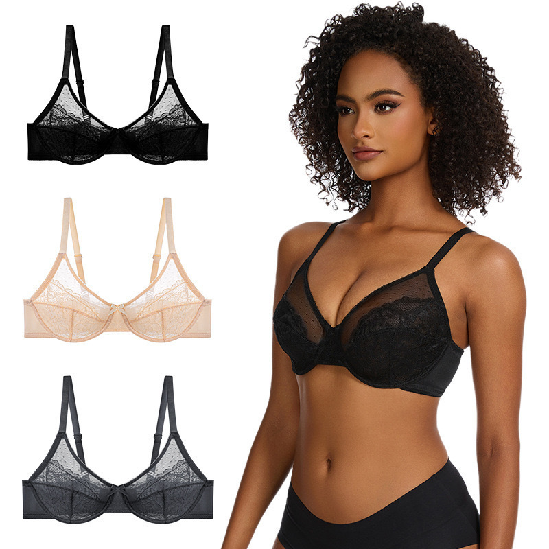 Cross-border French sexy lace bra plus size underwear ultra-thin mesh gathered breathable bra Europe and the United States
