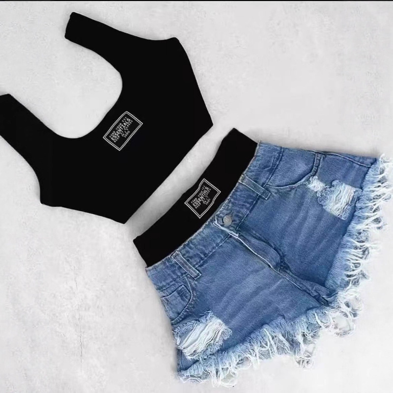 Slim Fit Top Versatile Denim Shorts 2025 Cross-Border Pure Desire Hot Girl Strapless Tank Top Camisole Set for Women