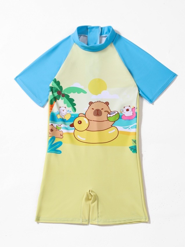 Caricatura encantadora capibara trajes de baño para niños, trajes de baño de mangas cortas para niños, trajes de baño conservadores para niños