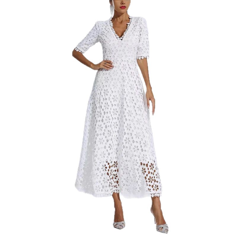 Women's Deep V Neck mid Length Lace Evening Dress Spring/Summer New Arrival European American Style Regular Size_ecoleips.com