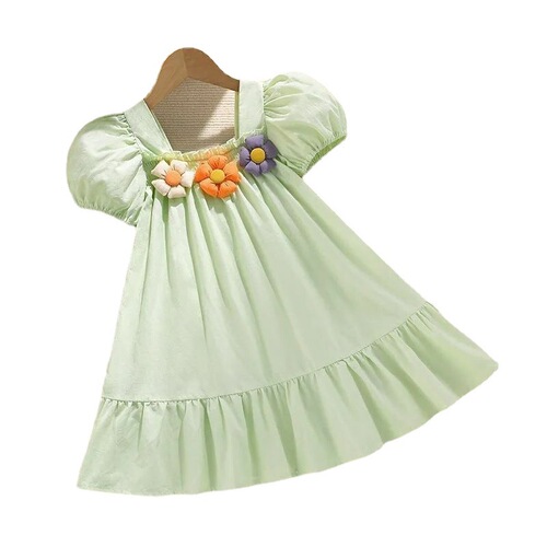 Baby Summer Dress for Girls, Cute Children's Personalized Trendy Korean Style 3D Flower Puff Sleeve Princess Dress
