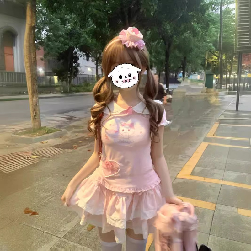 Summer Y2K Sweet Cute Girl's Bow Lace Short-sleeved Top Soft Girl's Daughter Dress Wave Point lo Cake Skirt Summer Y2K Sweet Cute Girl's Bow Lace Short-sleeved Top Soft Girl's Daughter Dress Wave Point lo Cake Skirt