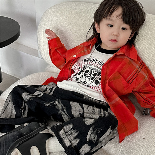 Boys' long-sleeved shirts 2024 new autumn clothing for children street style red plaid shirt baby children's clothing tops