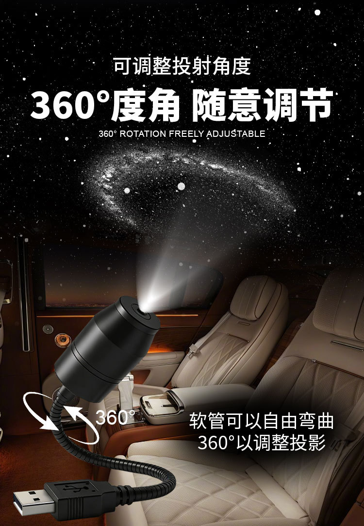 Cross-Border USB Car-Mounted Starry Sky Projection Light for Car Interior Modification, Bedroom Ceiling Romantic Galaxy Starry Sky Atmosphere Light