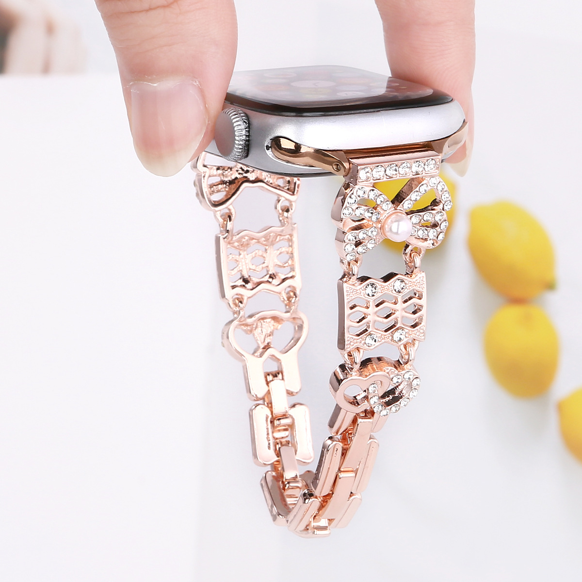 Bow-shaped diamond-encrusted metal watch band for Apple Watch iWatch 56789SE smart watch band