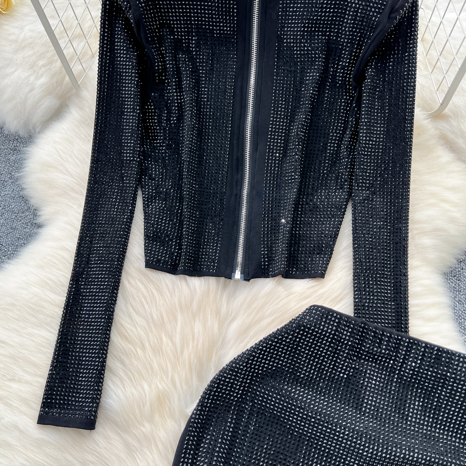 Women's Clothing wear suit design heavy hot diamond zipper top hip skirt_voghion.com