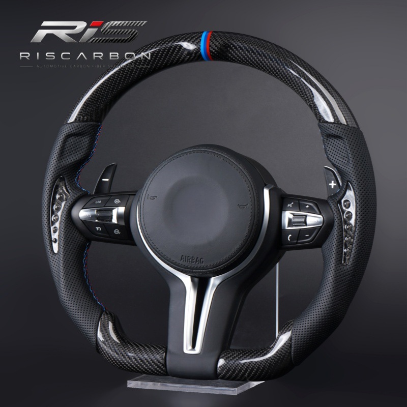 Carbon fiber steering wheel with crystal accents, flat-bottomed design, compatible with BMW F30F10F11F15F16F20F25F18