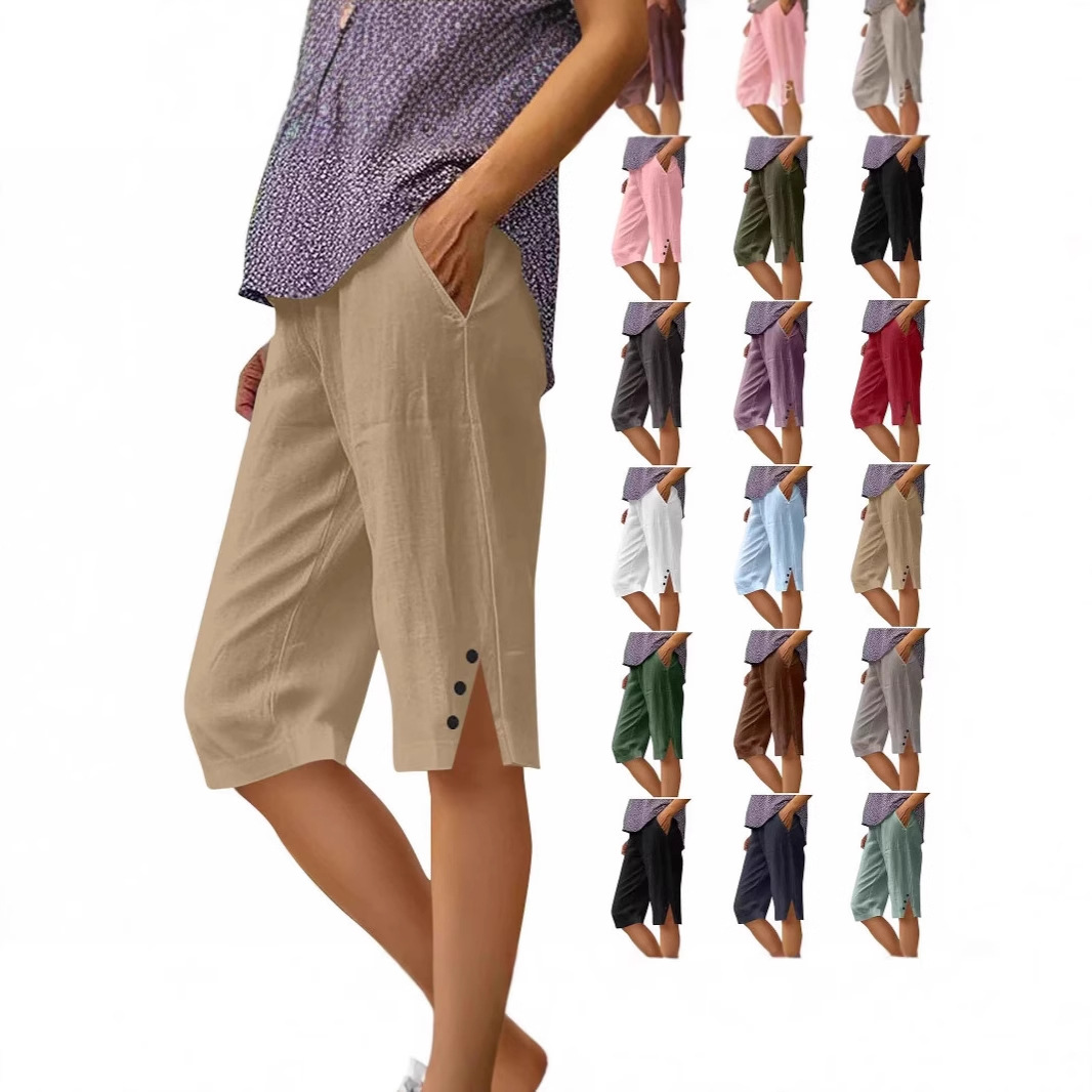 2025 European and American Amazon Cross-Border New Women's Casual Loose Pocket Cotton and Linen Elastic Casual Pants Five-Point Shorts