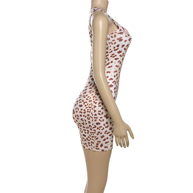 Spring Women Clothing Sexy Leopard Print Lace Stitching Square Collar Sleeveless Dress