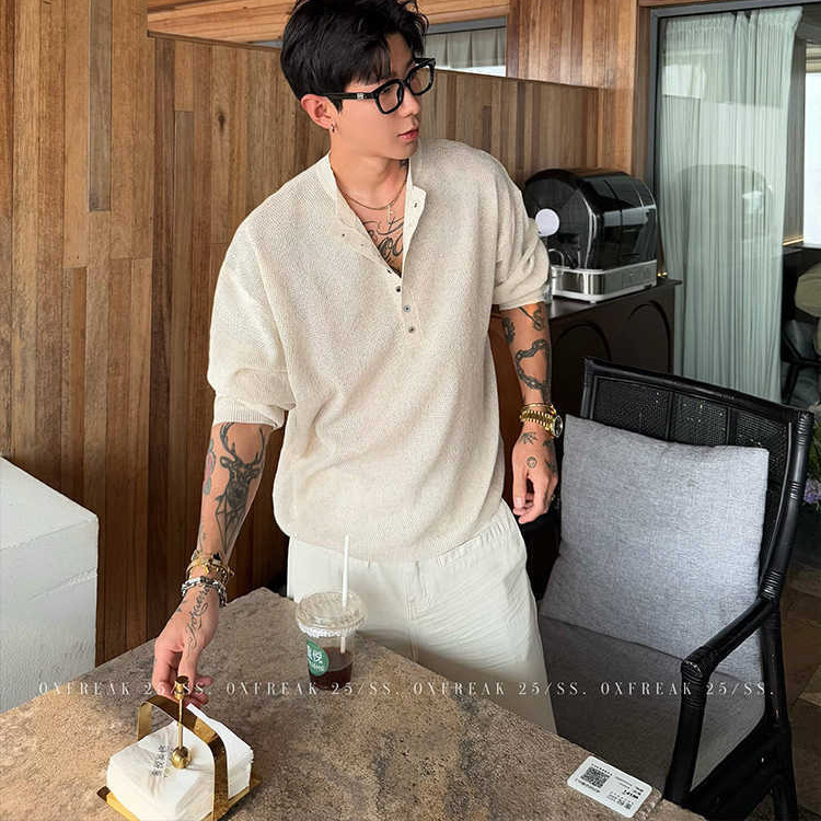 Summer Lazy Loose Tencel Linen Blended Knitted Henry Collar Long-sleeved T-shirt Men's Casual Thin Hollow Top