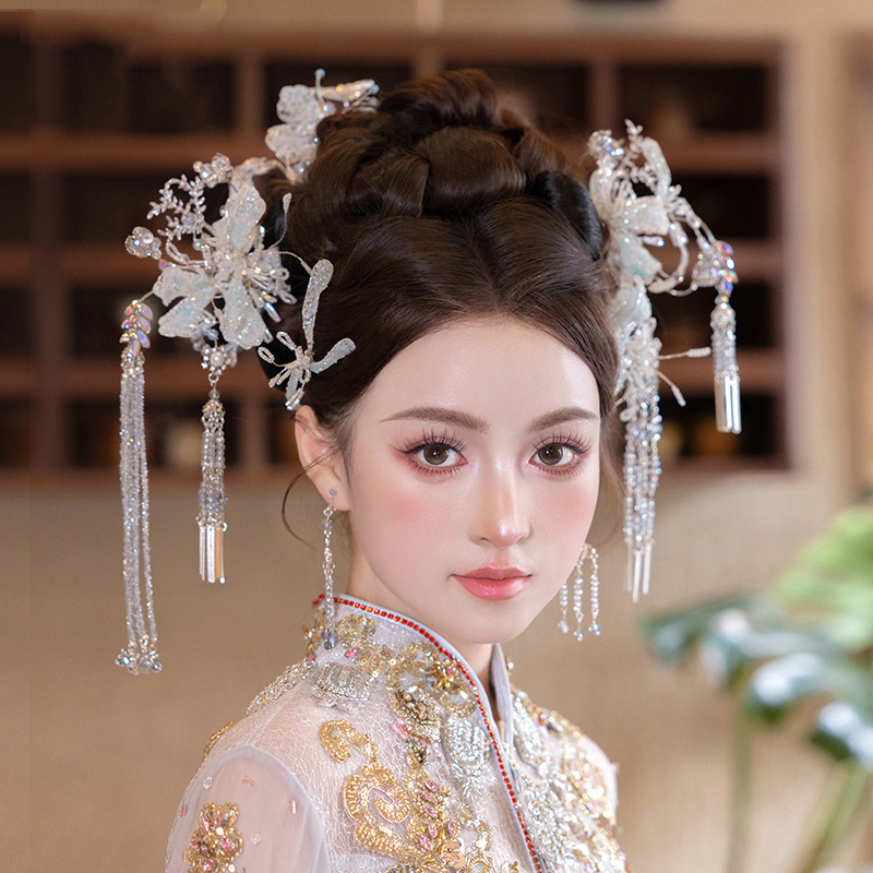 唯美漢服新婦秀禾頭飾り減齢花ヘアピン秀イネ服浅系白月光銀色髪飾り|undefined