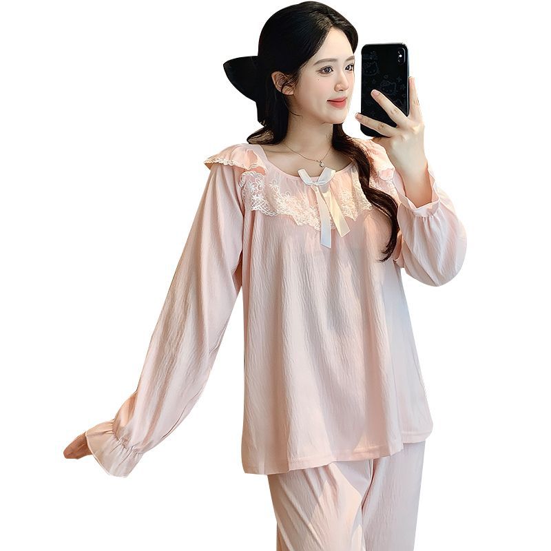 Al por mayor transfronterizo primavera y otoño nuevo pijama de mujer nube de algodón encaje cuello redondo hoodie mangas largas pantalones largos con cojín de pecho ropa para el hogar image 5
