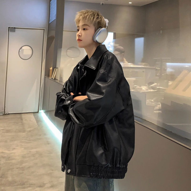 가죽 자켓 남성 봄과 가을 미국 스타일 유행 브랜드 PI SHUAI STREET HIPHOP 오토바이 스타일 재킷 느슨한 옷깃 탑