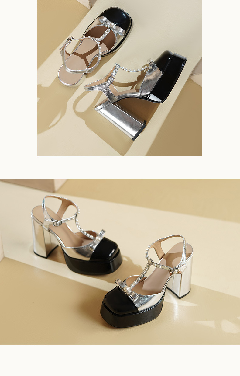 Sandal cao gót nữ mũi vuông phối màu nơ da, gót 12 cm — Màu trắng, Màu bạc chi tiết 6