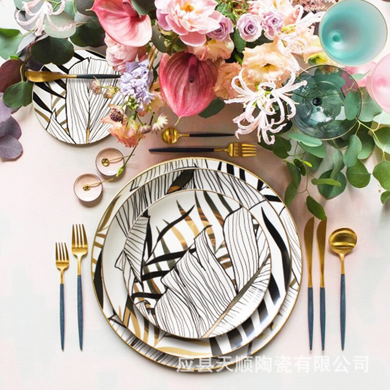 Hotel and home use bone china ceramic tableware set with black gold leaf decoration, daily dining kitchenware set Hotel and home use bone china ceramic tableware set with black gold leaf decoration, daily dining kitchenware set