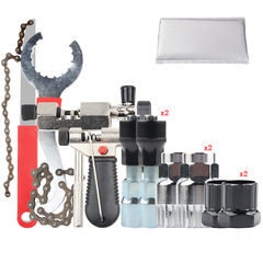 Bicycle repair tool set includes cassette tool, puller, axle tool, crank remover, rear hook remover