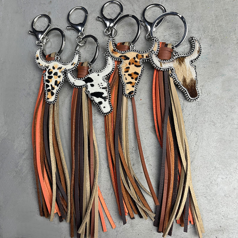 1 Piece Cowboy Style Bull Head Alloy Leather Tassel Bag Pendant Keychain display picture 6