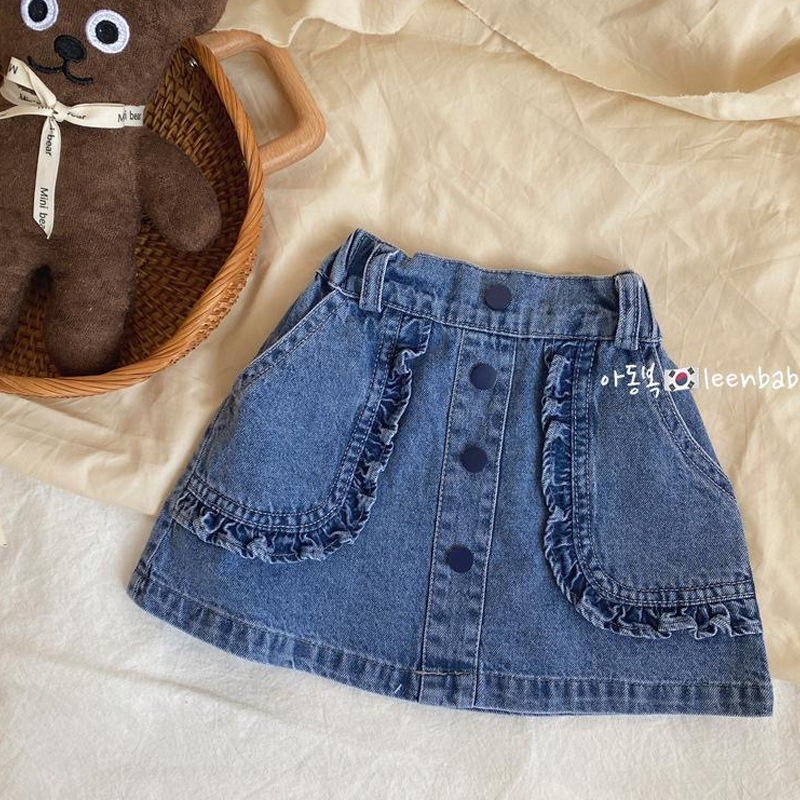 Versatile Girls' Lace Korean Style New Spring/Summer Lace Pocket Denim Skirt Children's Denim Half Skirt 2026 New