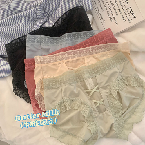 Japanese pure desire style lace underwear, girl breathable pure cotton crotch sexy invisible ice silk tie belt mid-low waist triangle pants