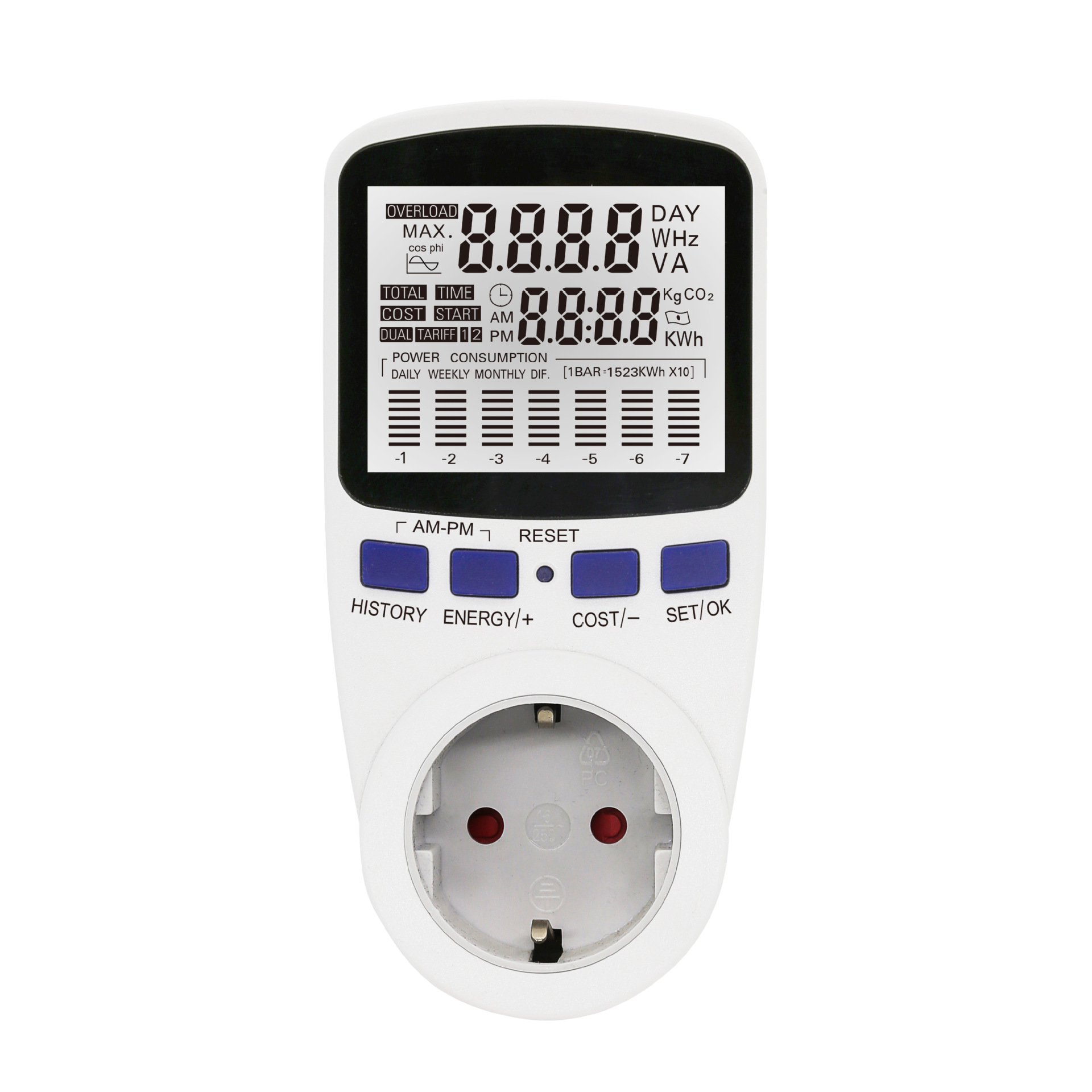 欧规插头图表式功率计量插座 家用电力监测仪智能插座 德法通用