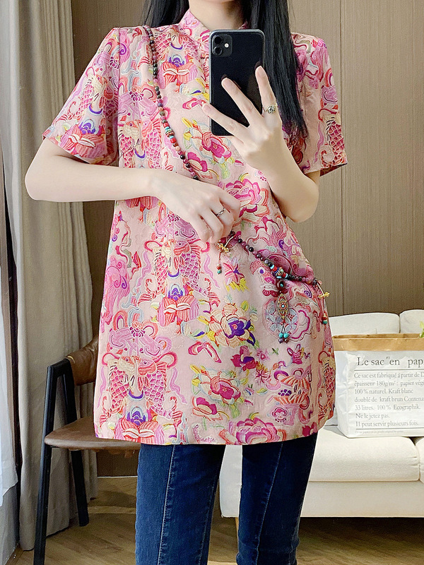 新しい中国風のナショナルスタイルのボタン付きトップ女性の夏の新しいレトロなレーヨンジャカードデイリー改良されたチャイナドレスシャツ|undefined