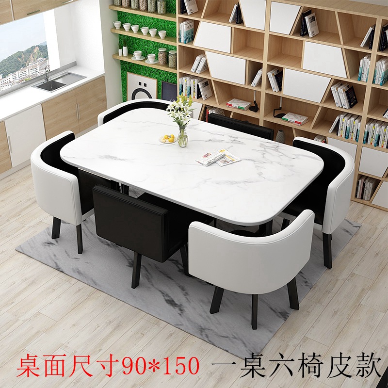 150*90 mesa de escritorio con patrón de piedra de imitación, cuero negro, negro y blanco, una mesa y seis sillas