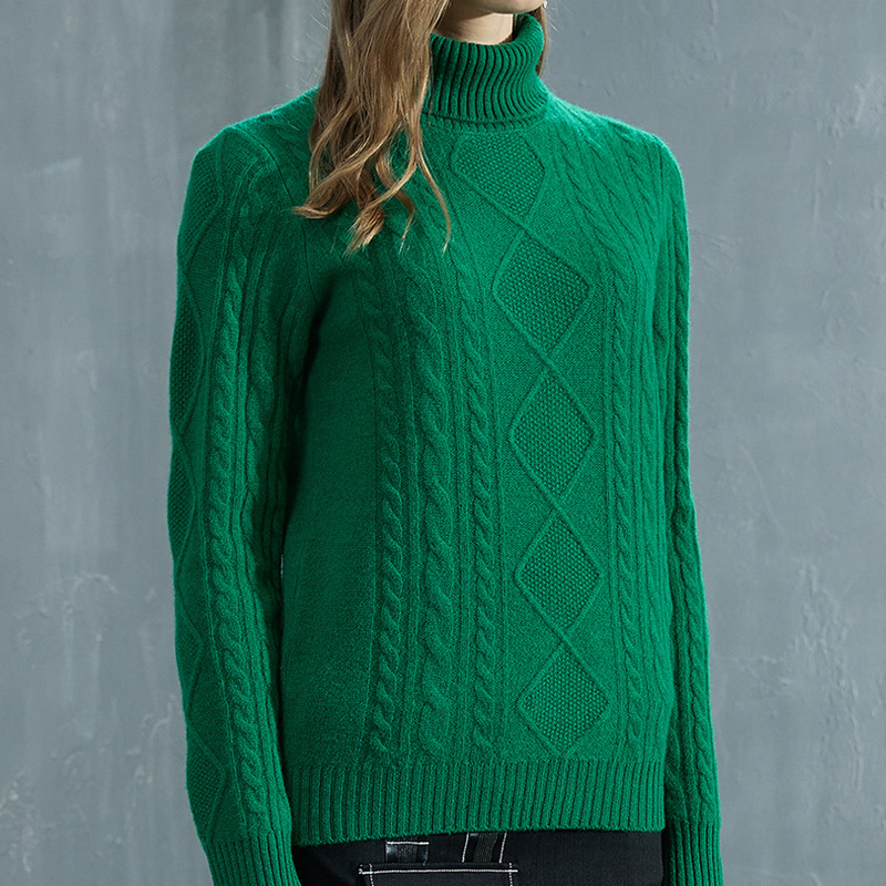 Suéter de lana para mujer, otoño e invierno, jersey de cuello alto, talla grande, grueso, sencillo y versátil, suéter con patrón trenzado, estilo británico.