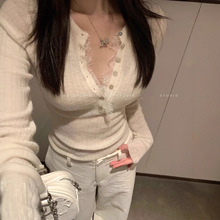 羊毛微透坑条针织衫睫毛蕾丝边系扣长袖T恤纯欲上衣