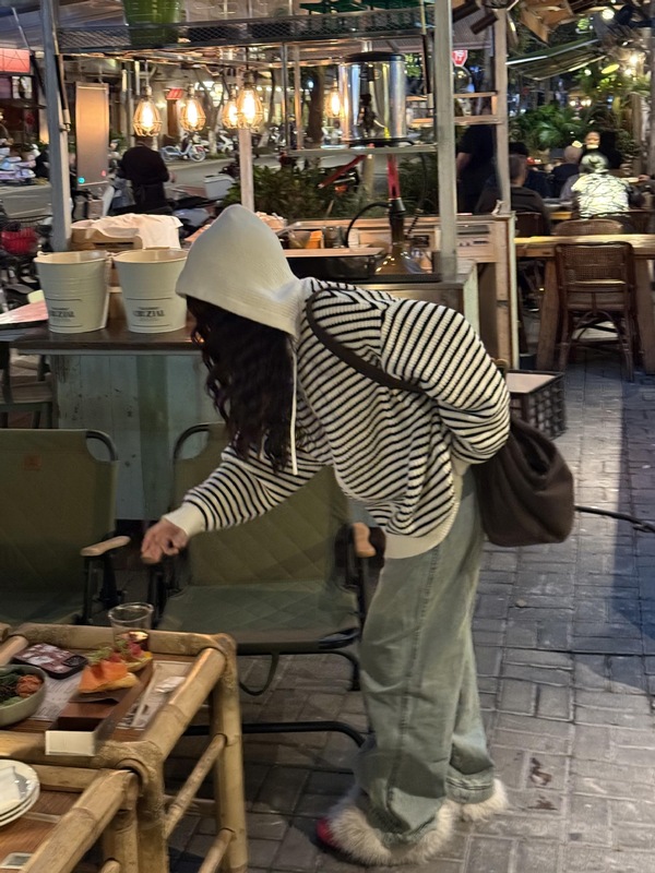 杏色抽绳连帽条纹针织开衫女秋季新款韩版宽松百搭上衣毛衣外套|undefined