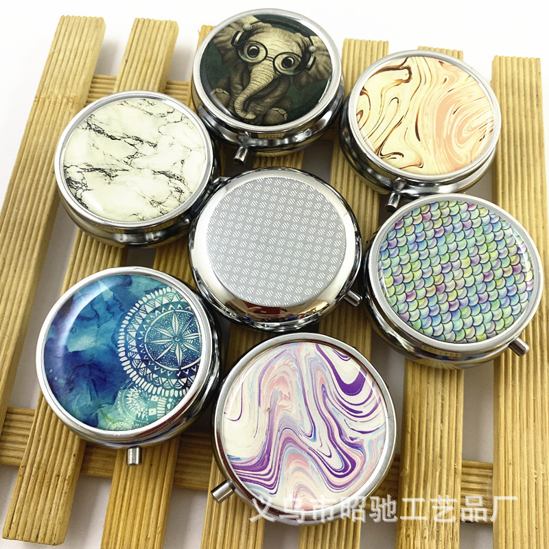欧美滴胶金属药盒 便携圆形三格药丸盒 大理石纹滴胶口脂盒