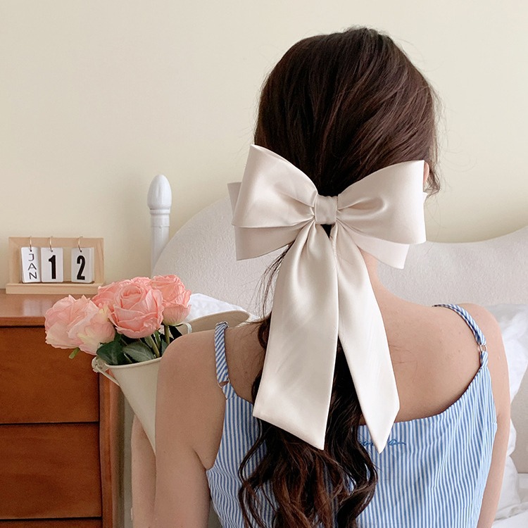 French High-end Satin Bow Hairpin Oversized Back Head Half-tie Spring Clip Elegant Top Clip Headwear for Women