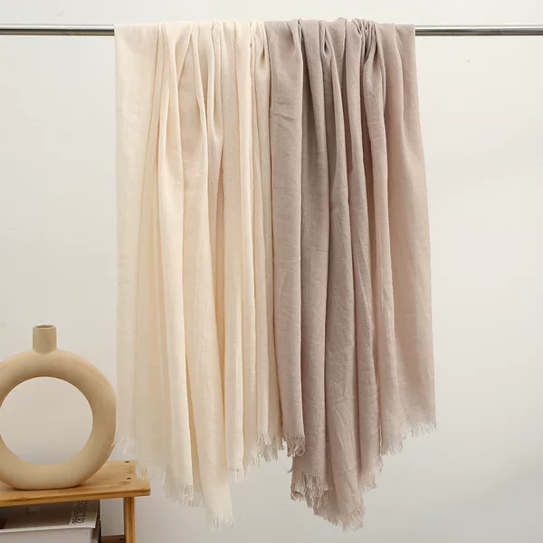 Solid-color cotton and linen scarf, women's artistic sun-protective scarf, long beach scarf, wholesale Japanese-style sheer scarf, with a high-end feel